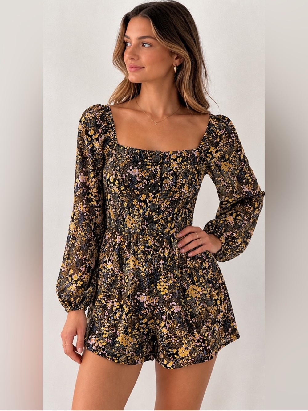 Urban Outfitters Black Floral Square-Neck Romper